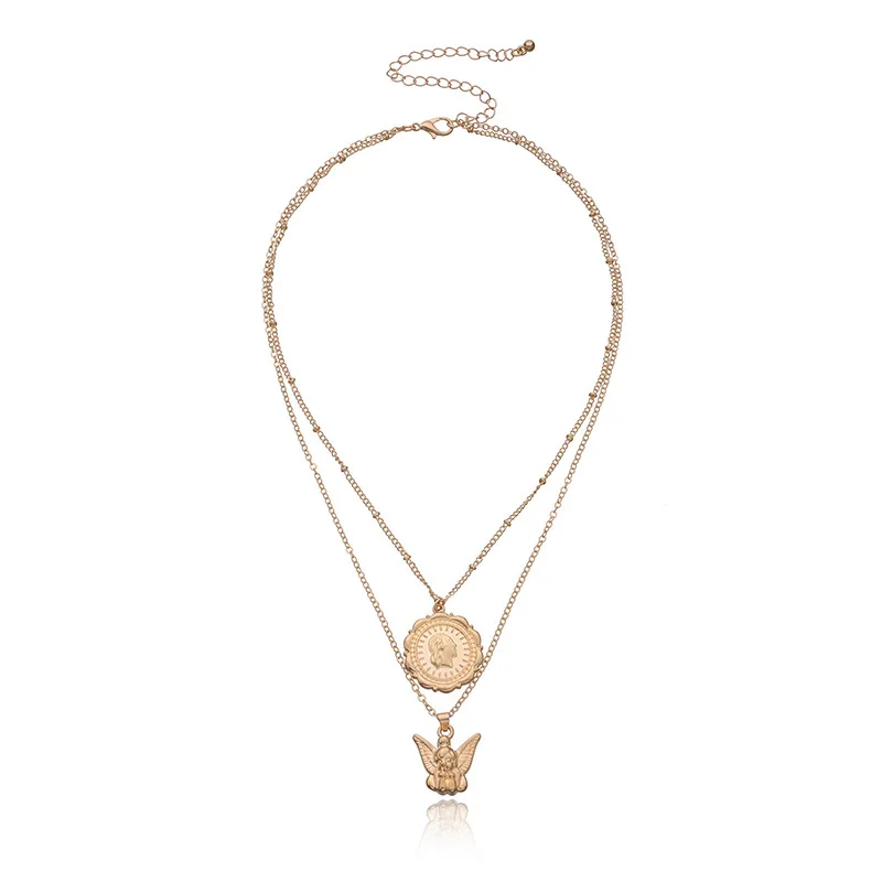 

Fashion Retro Chain Necklace Women's Gold Multilayer Necklace Exquisite Portrait Pendant Necklace Clavicle Chain Jewelry