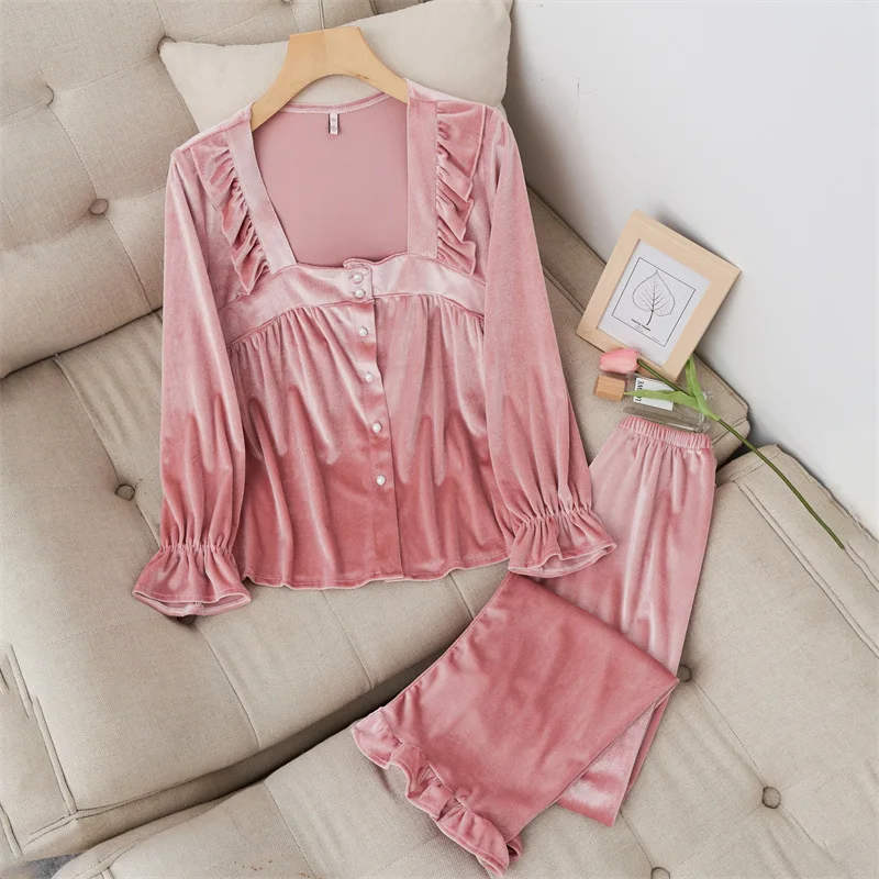 

Sexy Square Collar Pullover Pants Women Spring Autumn Female Pyjamas Ruffle Long Sleeve Trousers Pajama Two-Piece Home Service