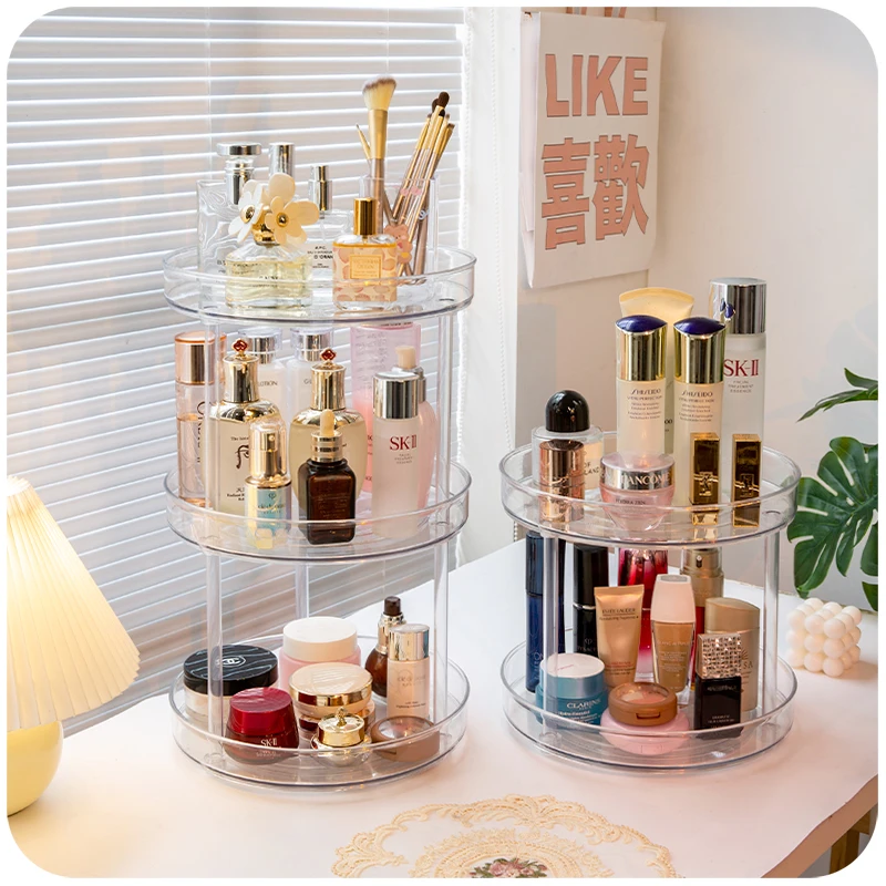 

Rotating Cosmetic Storage Box Acrylic Transparent Ins Desktop Finishing Perfume Tray Skin Care Product Rack 2021 New
