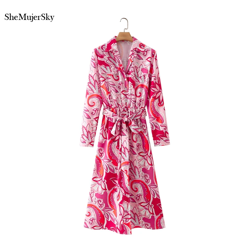 

SheMujerSky Women Bohemian Pink Floral Print Long Dress 2021 Spring Autumn Midi Dresses With Sashes robe femme