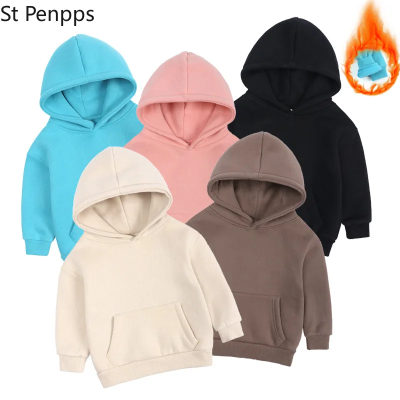 

Winter Warm Fleece Children Hoodie Baby Boy Girl Solid Cotton Top Kids Hooded Jumper Outerwear Long Sleeve Shirt