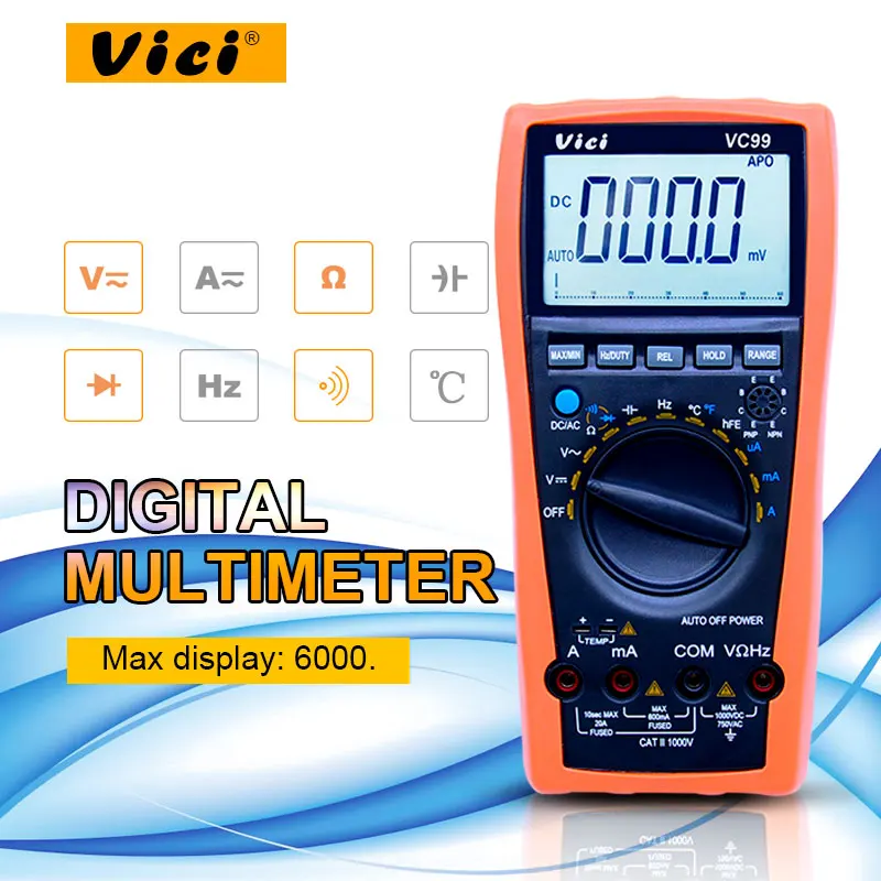 VICI VC99 ЖК-цифровой мультиметр 1000 В AC DC измеритель емкости сопротивления+ тепловой парный термометр тестер с мешочком