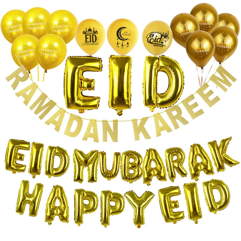 

Eid Mubarak Decor Gold Silver Eid Banner Ramadan Kareem Decoration Letter Foil Balloon Latex Ballons Happy Eid Party Supplies