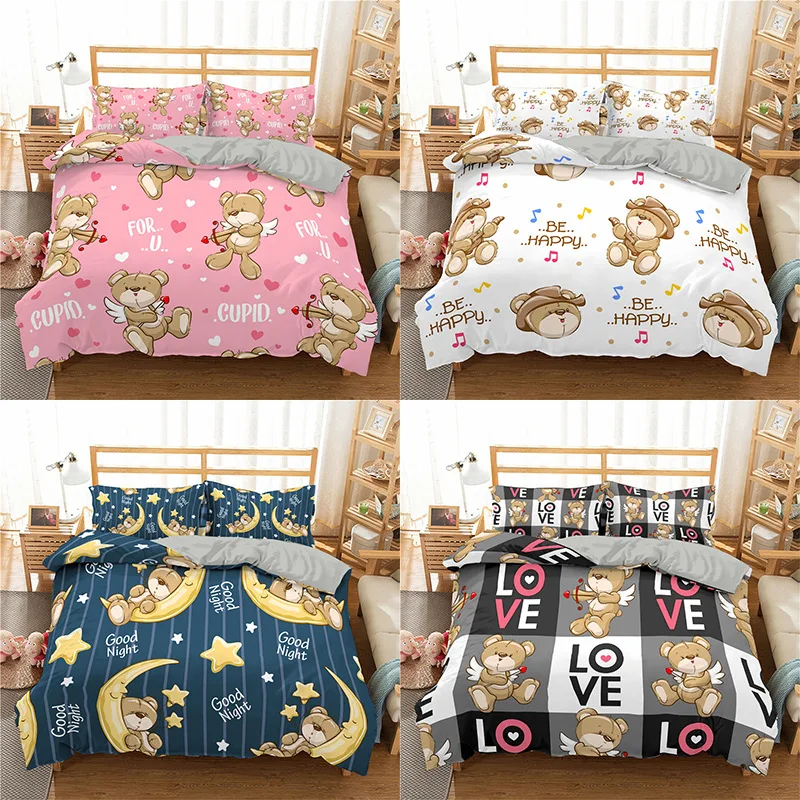 

HD Digital Print Cartonn Bear Bedding Sets Duvet Cover+ Pillowcase 2/3pcs Single Twin Double Queen King bed set US/AU/EU size
