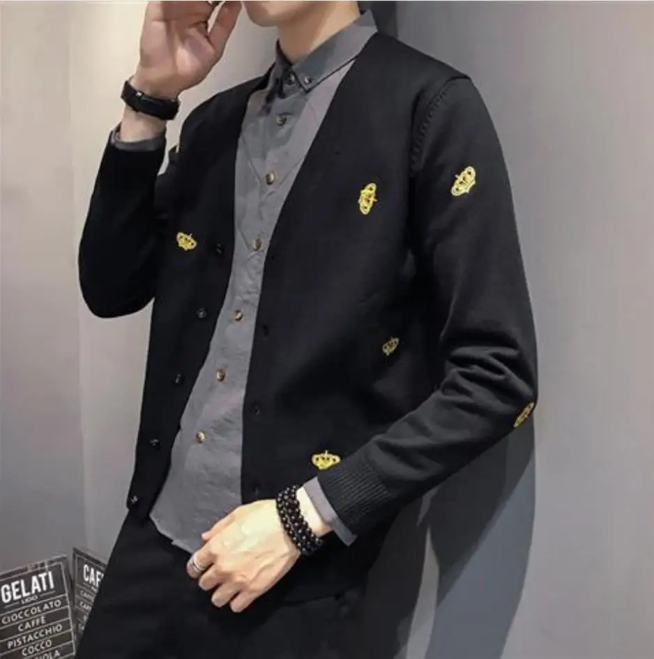 

Spring and autumn new V-neck knitted cardigan men's solid color casual men's sweater loose coat