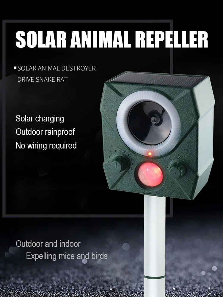 

Solar Bird Repeller Waterproof PIR Motion Sensor Ultrasonic Rat Cat Dog Repeller for Farms Gardens Lawns Yards Orchards