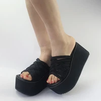 handmade punk womens weave platform slippers lolita creepers shoes high wedge heels summer shoes black b87