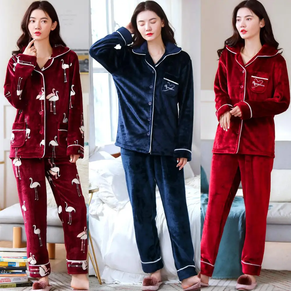 

2 Pieces Winter Women Thicken Warm Soft Pajamas Female Flannel Pajamas Set Long Sleeve Sleepwear for Girls Ladies Pyjamas
