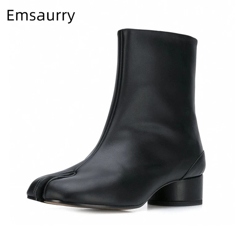 

Individual Split Toe Genuine Leather Ankle Boots Women Med Round Heels Side Buckle Autumn Winter Runway Botas Mujer