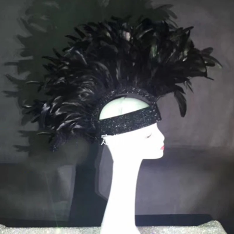 

Festival Outfit Party Show Black Feather Headdress Female Singer Stage Costumes Nightclub Rave Wear Jazz Accessories DN5595