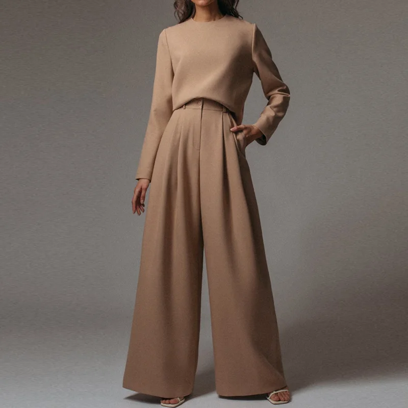 

Женский однотонный комплект из двух предметов, повседневный топ с круглым вырезом и брюки с широкими штанинами, элегантный дамский весенни...