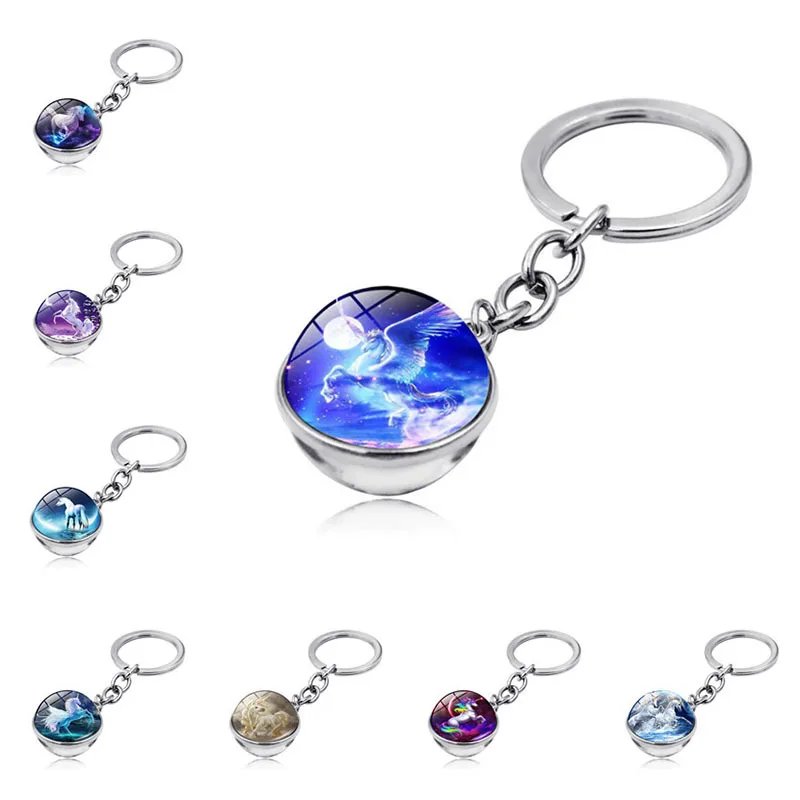 

12 Style Unicorn Metal Key Chain For Women Holder Keyring Unicorn Art Picture Double Sided Glass Ball Keychain Pendant Jewelry