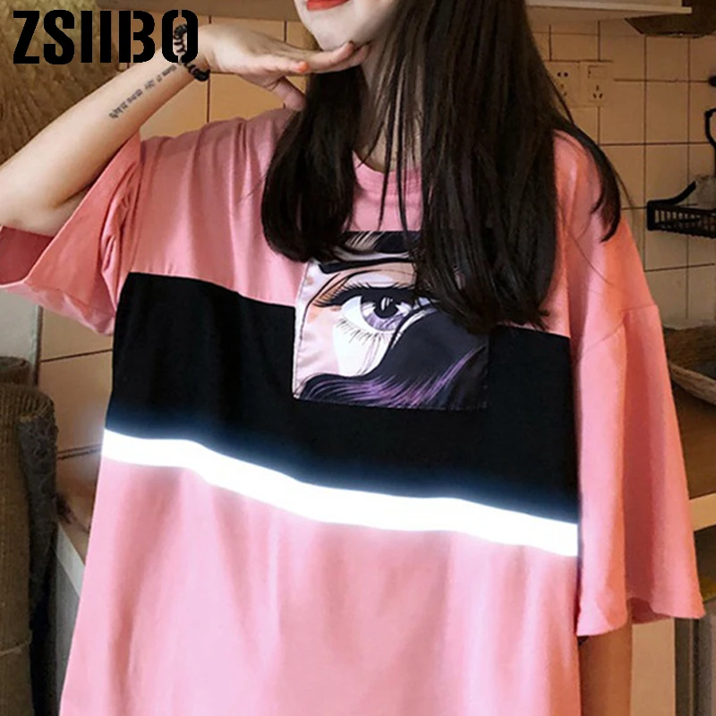 Женская уличная Футболка Harajuku свободная футболка с отражающим узором и коротким