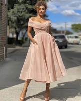 elegant short prom dresses off the shoulder pink pleated organza tea length prom dresses vestidos de fiesta de noche