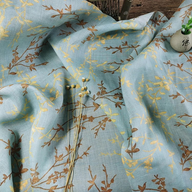 Yellow flower branch pure ramie stitching printing high-end designer fabric | Дом и сад