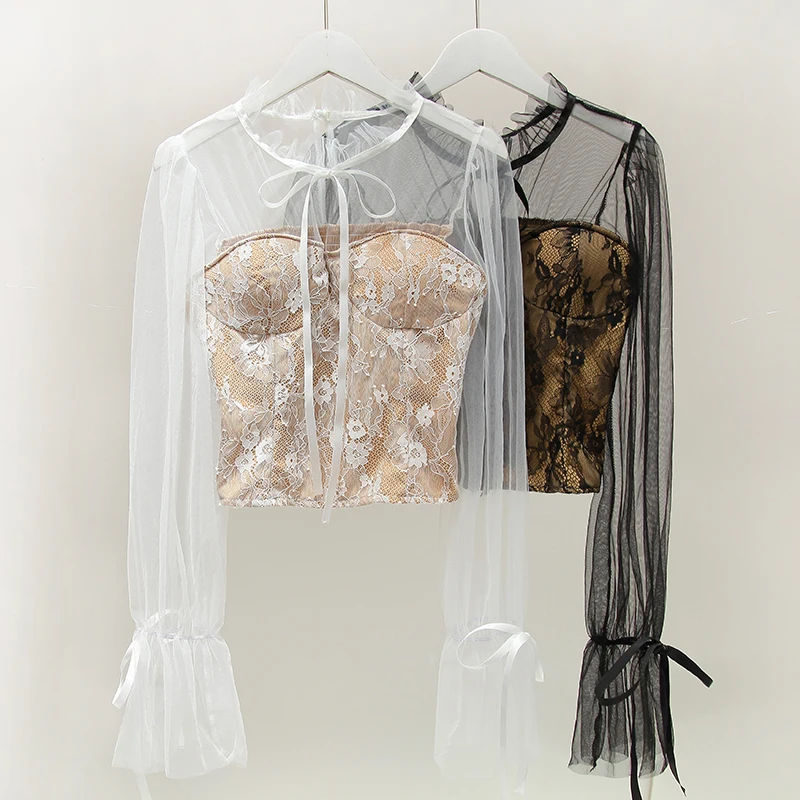 

French niche net yarn stitching perspective short short shirt female new bow tie lace trumpet sleeve lace blouse fairy