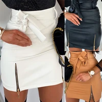 women sexy black pu leather pencil bodycon skirt clubwear double zipper high waist mini short skirt belt skirt