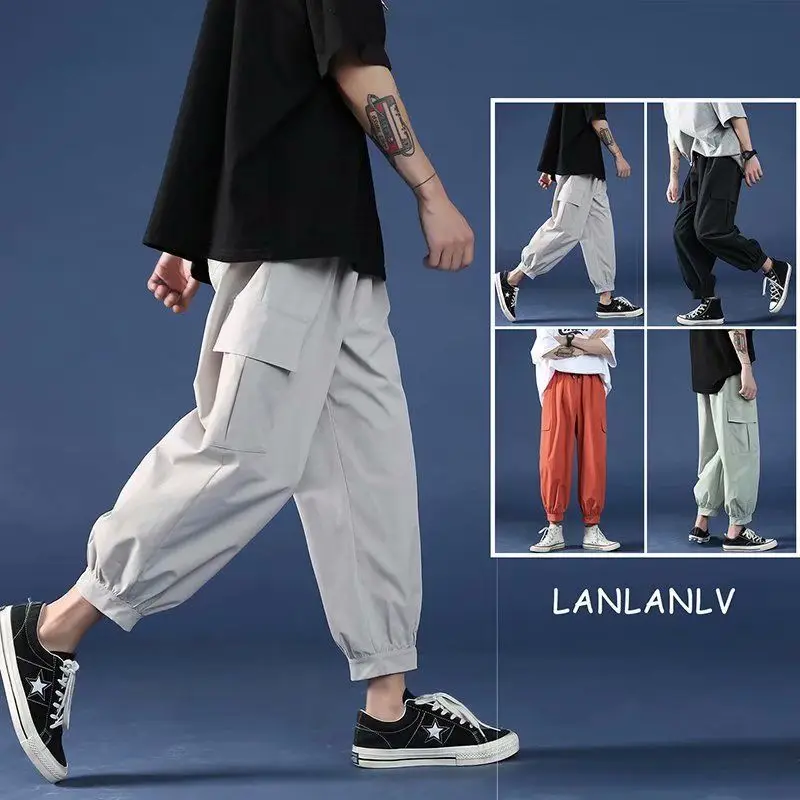 

Summer Men's Korean-Style Trendy Cropped Casual Bloomers Fashion Male Loose Cargo Pants Sports Black Ankle-Tied Harem Pants