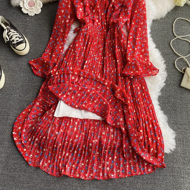

Bohemian Floral Chiffon Dress Women V-Neck Bow Flare Long Sleeve Printed Draped Midi Vestidos Female Fashion 2021 Spring Autumn
