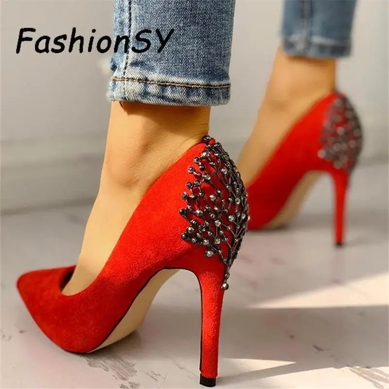 Элегантный металлический с украшением в виде кристаллов женские туфли лодочки