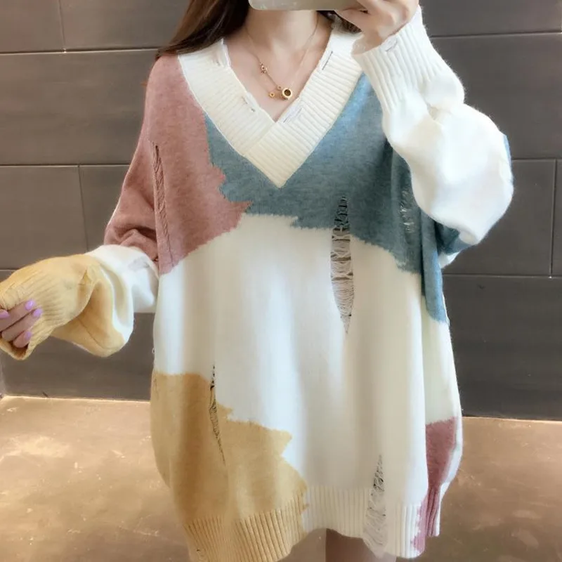 

Женский свитер с V-образным вырезом, повседневный свободный джемпер в стиле пэчворк, осень-весна 2021