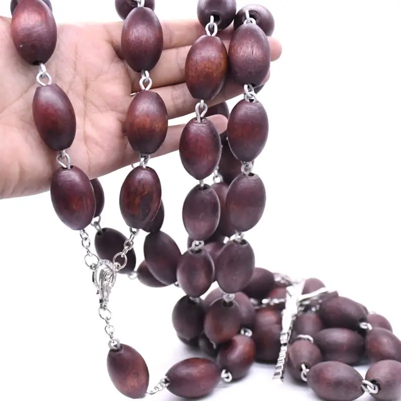 

Handmade Wood Bead Catholic Wall Decoration Rosary Cross Religious Necklace Gift