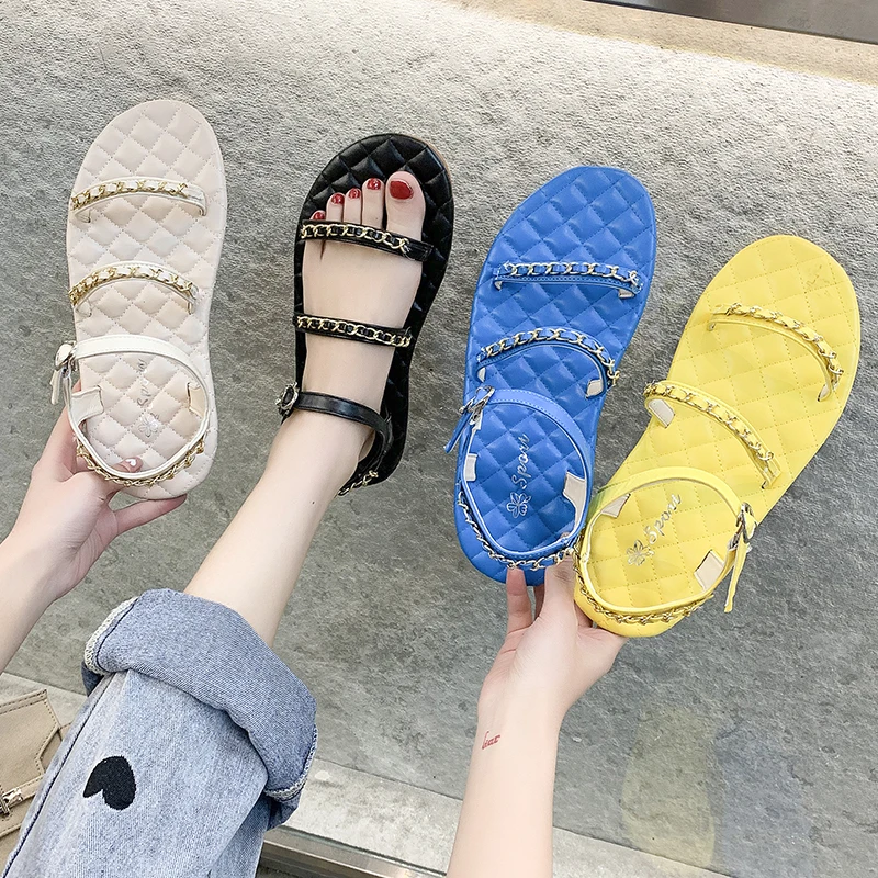 

Buckle Strap 2021 Sandals Comfort Shoes for Women All-Match Summer Heels Suit Female Beige New Low Flat Girls Black Beach Studde
