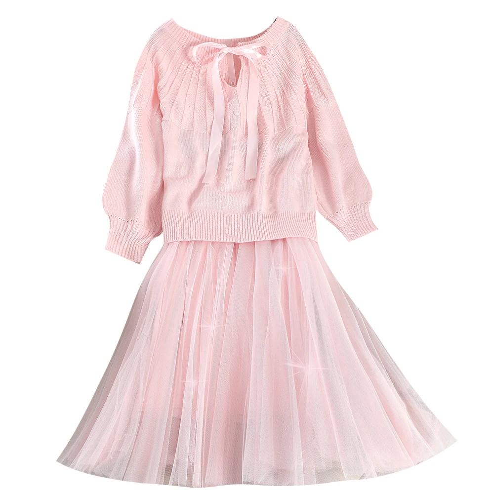 ALPHALMODA милый женский комплект юбки и свитера вязаный Топ с бантом воротником +