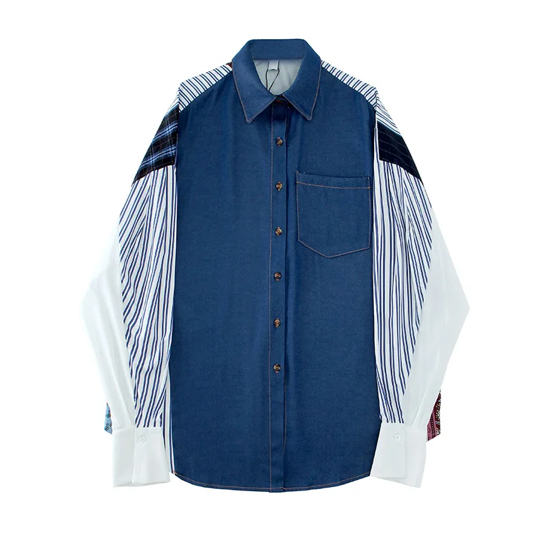 

Имитация двух частей строчки Ретро рубашка в гонконгском стиле Женская свободная джинсовая рубашка средней длины