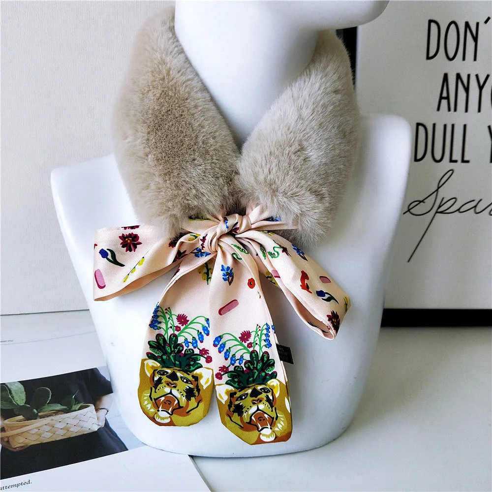 

New Fashion Soft Women Faux Rabbit Fur Collar Scarf Plush Collar Neck Warmer Winter Foulard Femme Skinny Silk Shawl Wrap