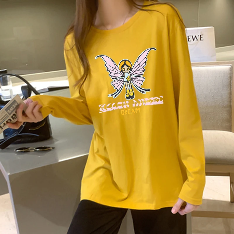 

Женская футболка из S-2xl хлопка, с длинным рукавом и круглым вырезом, женские футболки