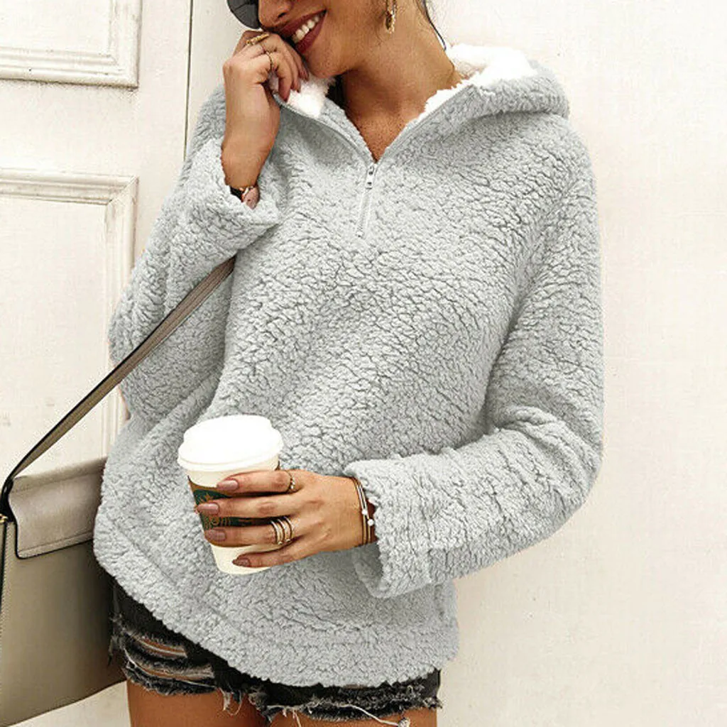 Пальто модное женское однотонное плюшевое худи на молнии куртка с длинным