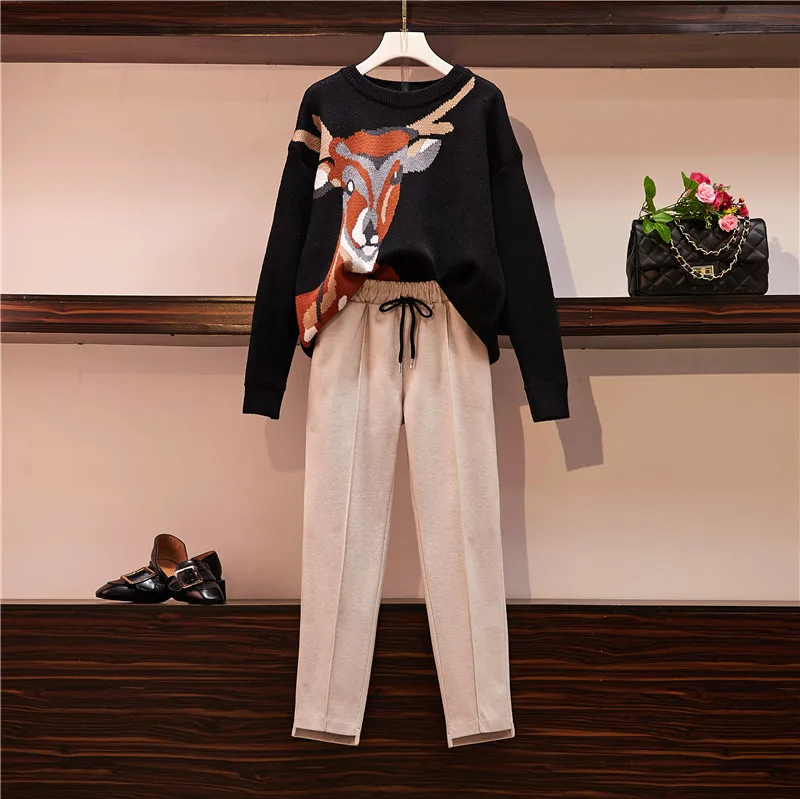 Женский комплект из 2 предметов со штанами 2019 размера плюс Осень зима вязаный