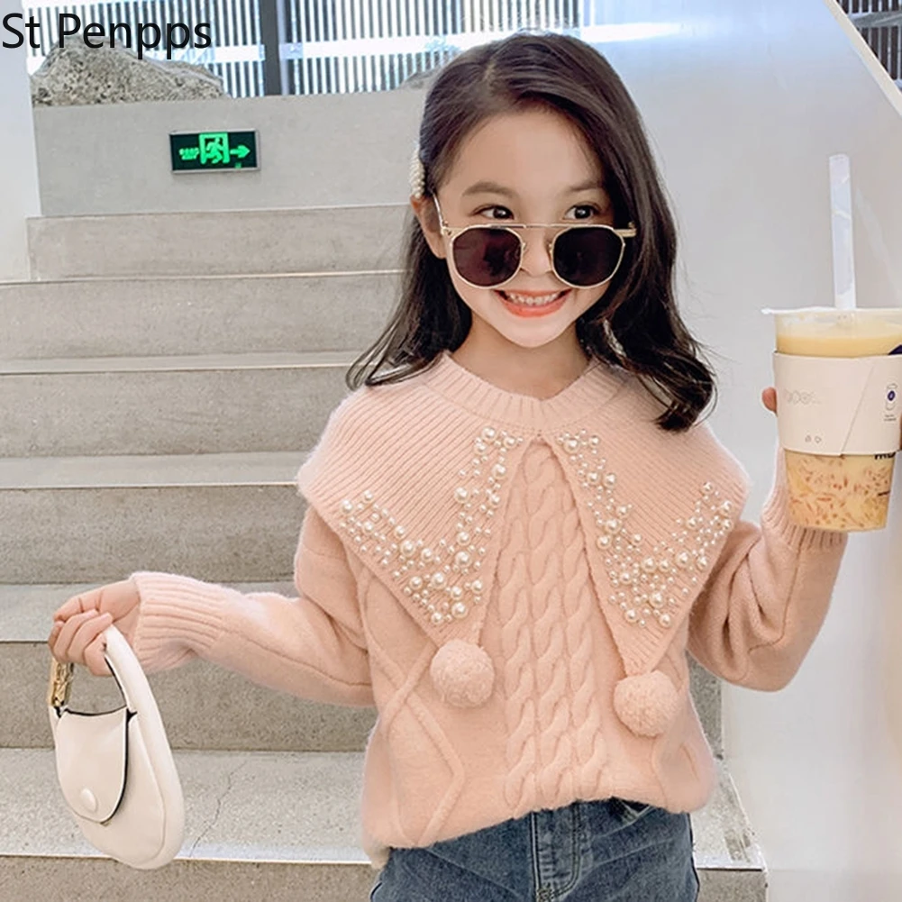 

Kids Solid Pearl Knitted Thick Sweater for Girls Cute Winter Tops Teenage Toddler Girl Warm Sweaters New Fashion