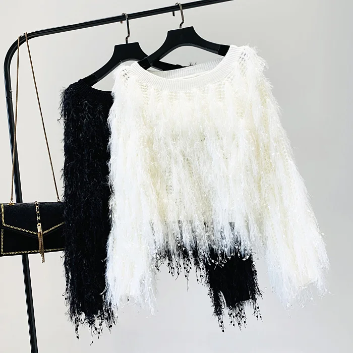 

Tassel Sweater Women Fall Knitwear Short Pullovers New Korean-style Slash Collar Street Sweater Women's Loose Fringed Pull Femme