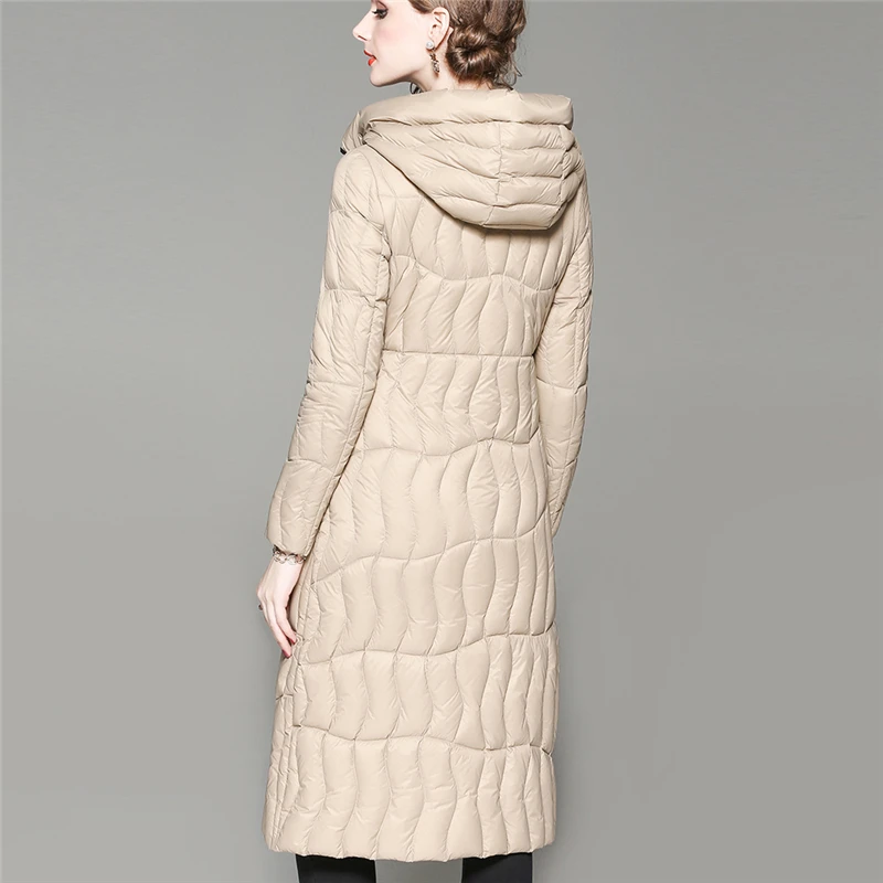 Зимний женский длинный пуховик новинка 2019 с капюшоном выше колена модное