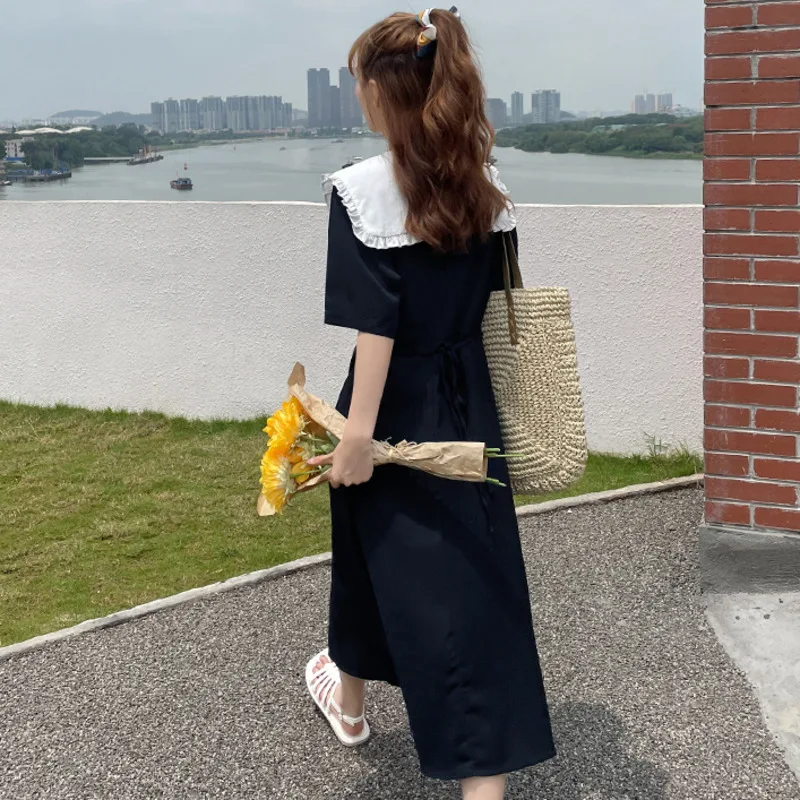 

IEQJ Women Sweet Green Elegant Button Pleated Dress New Peter Pan Collar Short Sleeve Loose Fit Fashion Tide Summer 2021 3F0277