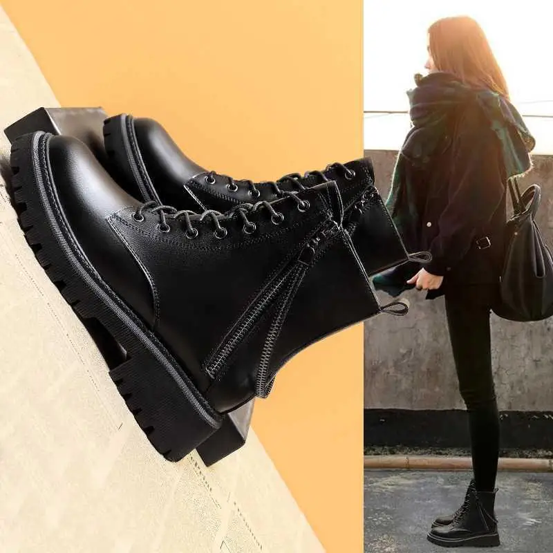 Ботинки женские на толстой платформе со шнуровкой черные мотоциклетные 2020 |