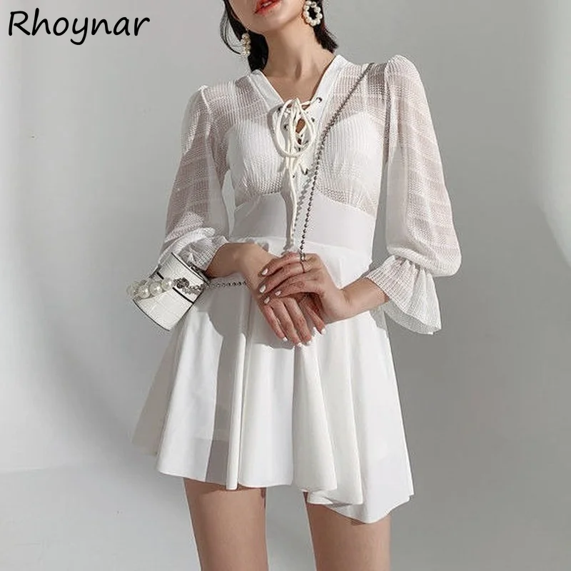 

Cover-up Women Simple Sexy V-neck Fashion Cross Bandage Flare Sleeve Swimwear Soft Summer Beachwear Teen Girls Sweet Young Chic