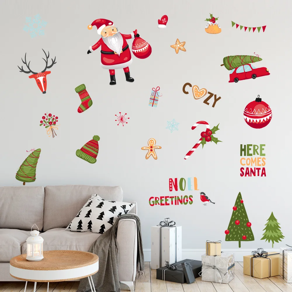 Рождественская Наклейка на стену съемный Санта снеговик сани лось елка наклейки