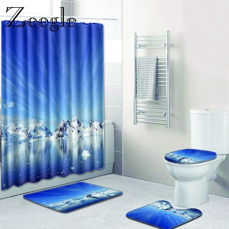 

Zeegle 4Pcs Bath Mats Bathroom Carpet Scenic Pattern Anti Slip Toilet Microfiber Flannel Toilet Seat Cover Rug Washable Bath Rug