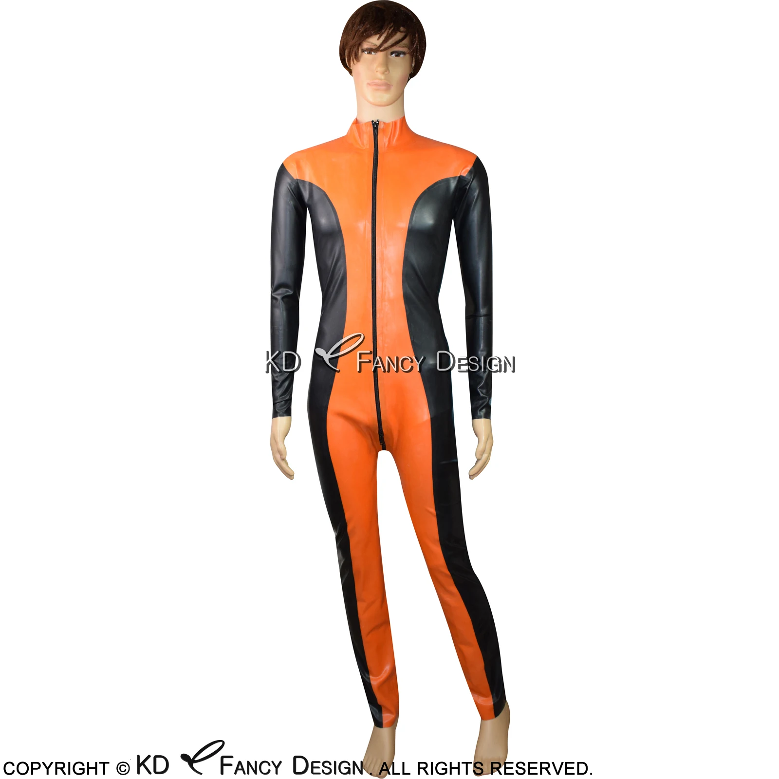 Черно оранжевый сексуальный комбинезон из латекса спереди до паха на молнии с