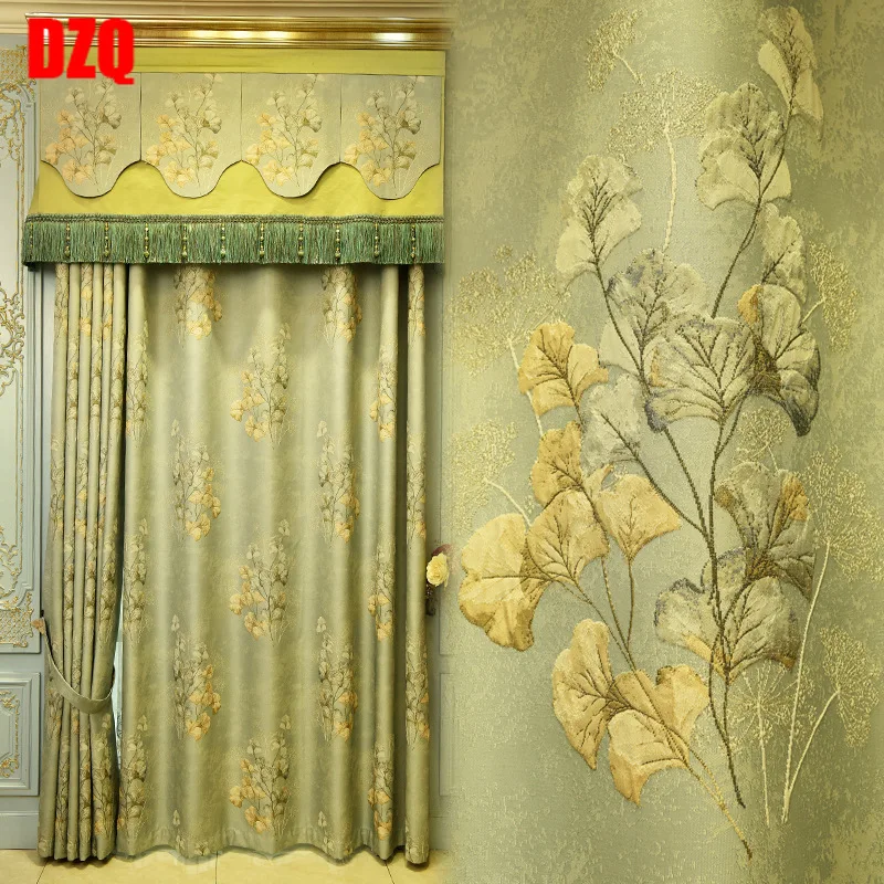

European high grade curtain gingko leaf new high precision jacquard curtain green living room bedroom curtain