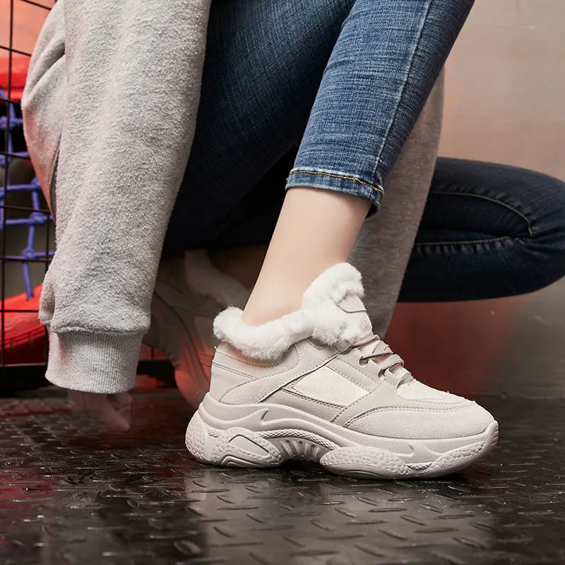 Женские зимние ботинки из вулканизированной кожи теплые замшевые с толстым