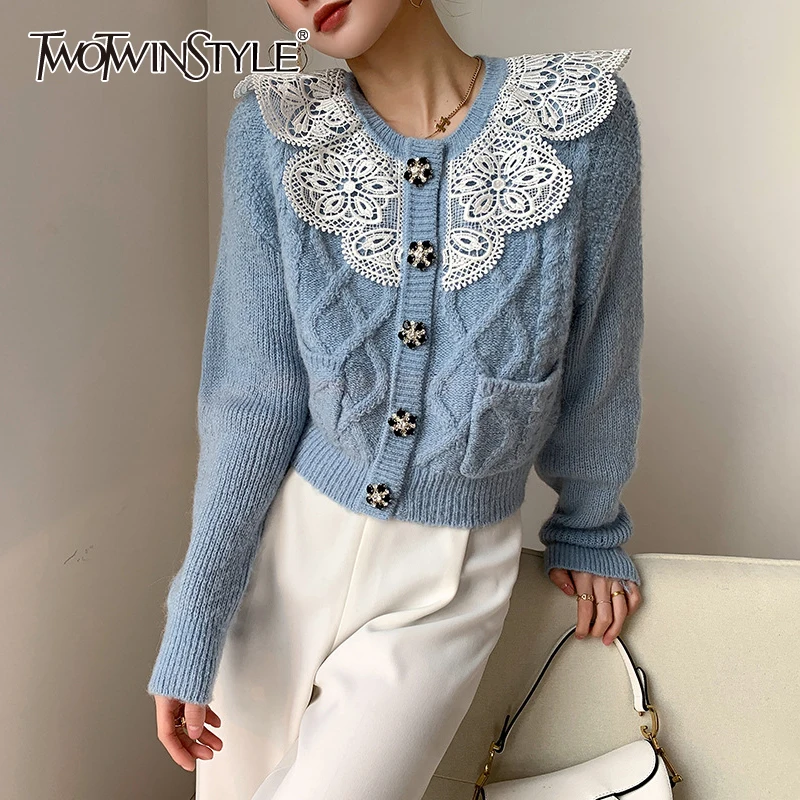 

TWOTWINSTYLE Casual Patchwork Lace Sweater For Women V Neck Long Sleeve Korean Sweaters Female Fashion New Clothing Spring 2021