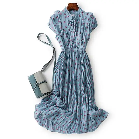 Женское длинное шифоновое платье в горошек с бантом на воротнике|Женские платья|