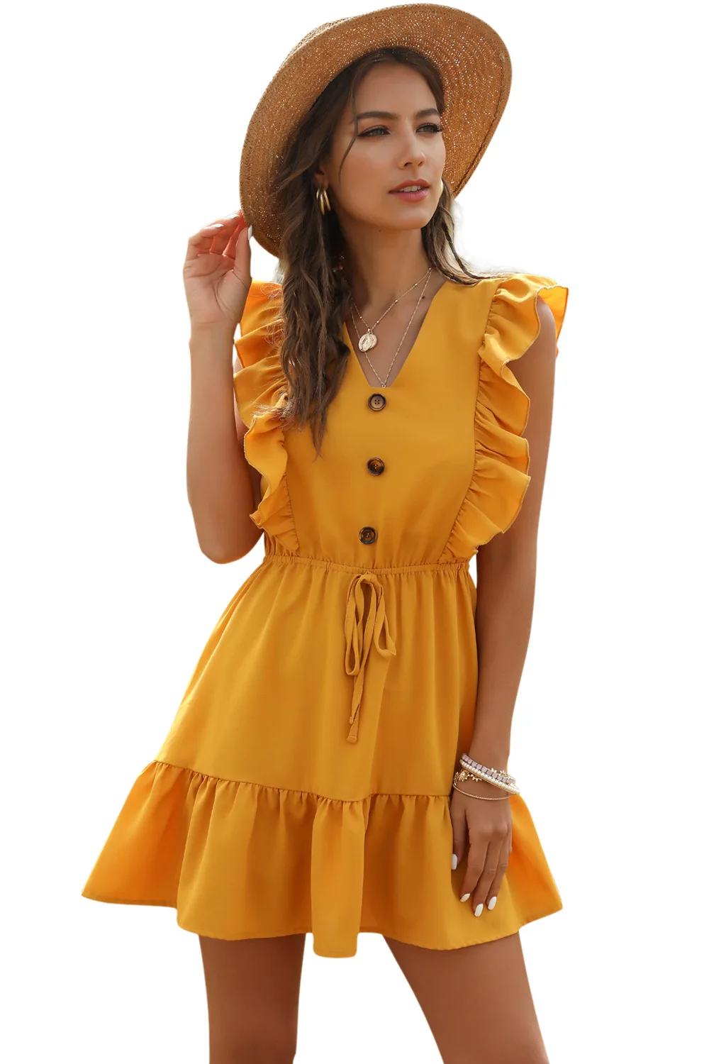 

2020 Ruffles Holiday Summer Dress Sleeveless V-Neck A-Line Mini Short Dress Button Yellow Elegant Sundress Vestidos