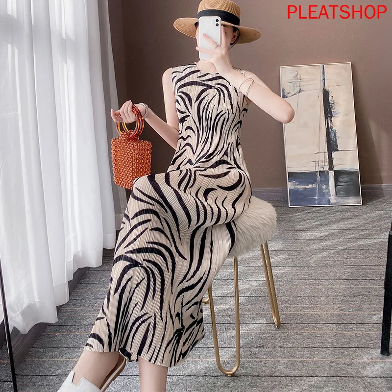 Miyake Floral Printed Dress Mid-Length Pleated Dress Summer New Slim Sleeveless Bag Hip Dress Female Zebra-Stripe Pleats Vestido