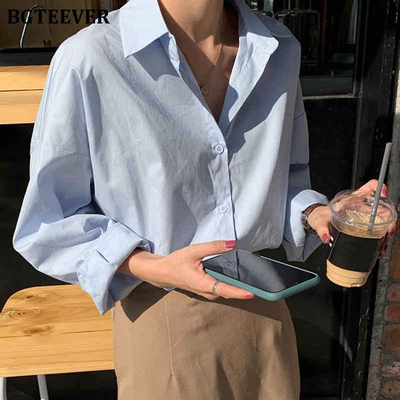 

BGTEEVER Office Ladies Shirts Turn-down Collar Single-breasted Casual Loose Female Blouses Long Sleeve Blusas Mujer 2020 Summer