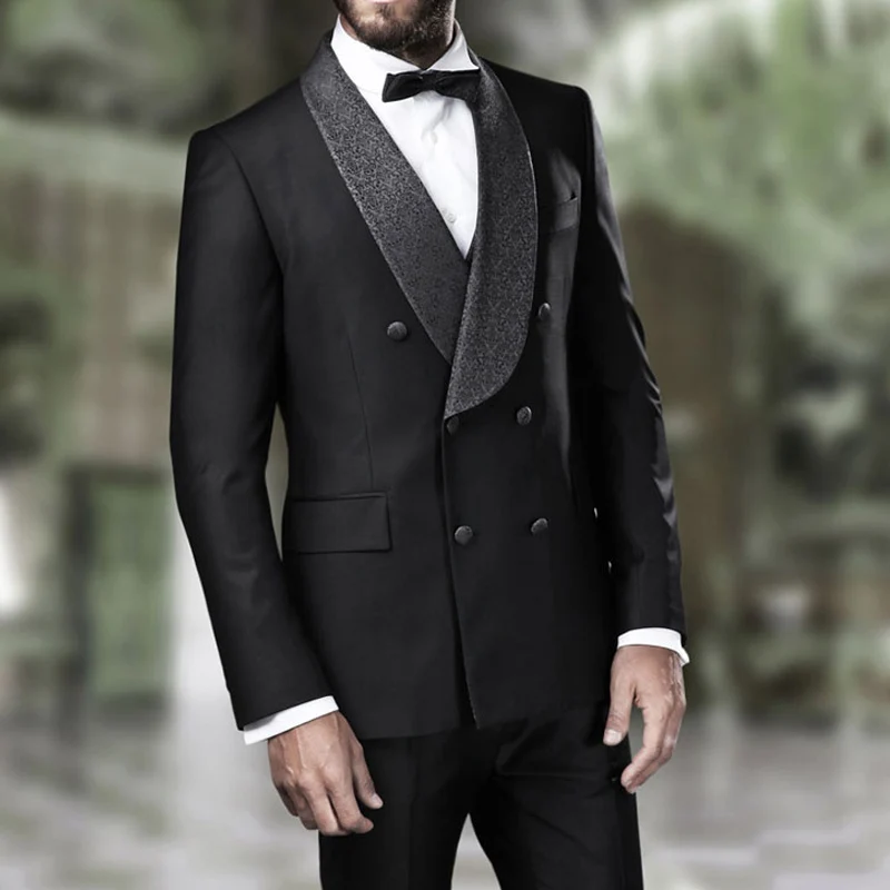 Мужской двубортный смокинг жениха на свадьбу приталенный пиджак с лацканами